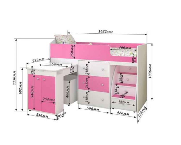 Кровать-чердак Малыш 1600 Винтерберг/Розовый